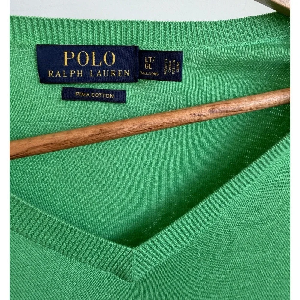 Polo Ralph Lauren V-Neck Pima Cotton Green Sweater Vest Preppy Pony Mens Lg Tall